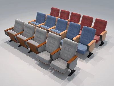 Colorful Conference Chairs With Wooden Arms And Metal Legs Arranged In Rows 3d model