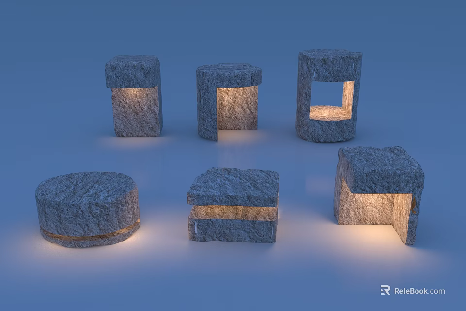 Natural Stone Outdoor Lights in Various Shapes Illuminated for Outdoor Decor 3d model 