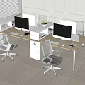 Modern Office Desk Workspace With Computer Monitors Office Chairs Green Plants And Storage Shelves
