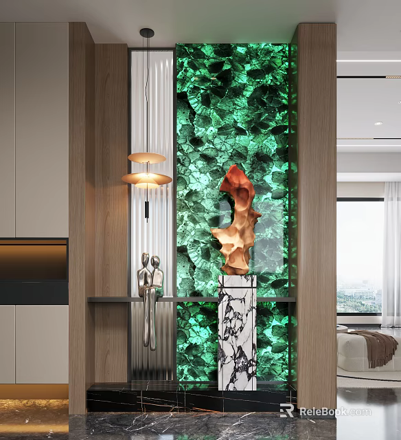 Modern Entryway Interior With Green Decorative Wall Sculpture Artwork And Lighting Fixture 3d model 
