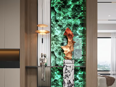 Modern Entryway Interior With Green Decorative Wall Sculpture Artwork And Lighting Fixture 3d model