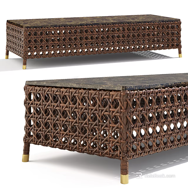 Woven Rattan Coffee Table With Gold Legs And Decorative Openwork Design 3d model 