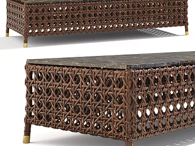 Woven Rattan Coffee Table With Gold Legs And Decorative Openwork Design 3d model