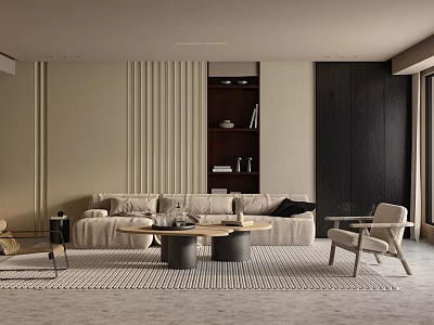 Modern Living Room With Beige Sofa Accent Chair Round Coffee Tables And Vertical Striped Wall 3d model