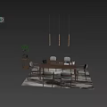 Modern Minimalist Wooden Tea Table and Chairs with Gray Wall Green Plant and Pendant Lights