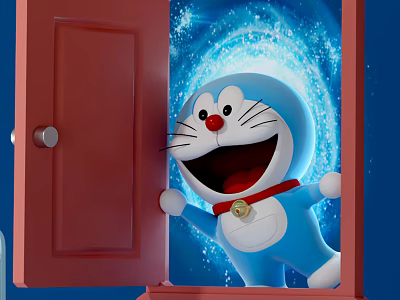 Doraemon Decorative Ornament Set With Red Door Frame And Blue Starry Swirl Background 3d model
