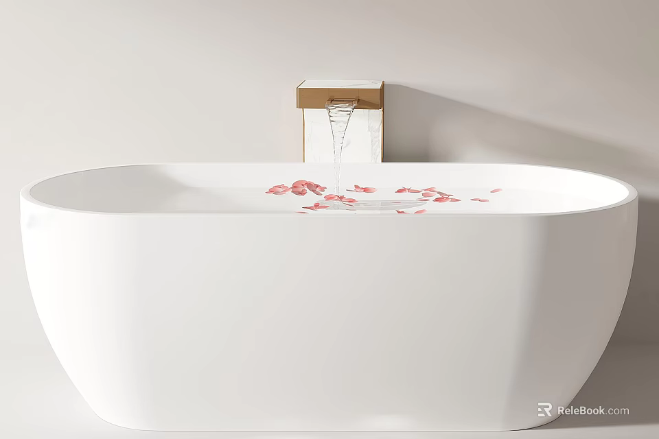 Modern Freestanding White Bathtub In Minimalist Bathroom With Rose Petals And Gold Faucet 3d model 