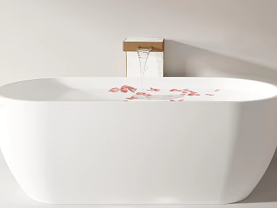 Modern Freestanding White Bathtub In Minimalist Bathroom With Rose Petals And Gold Faucet 3d model
