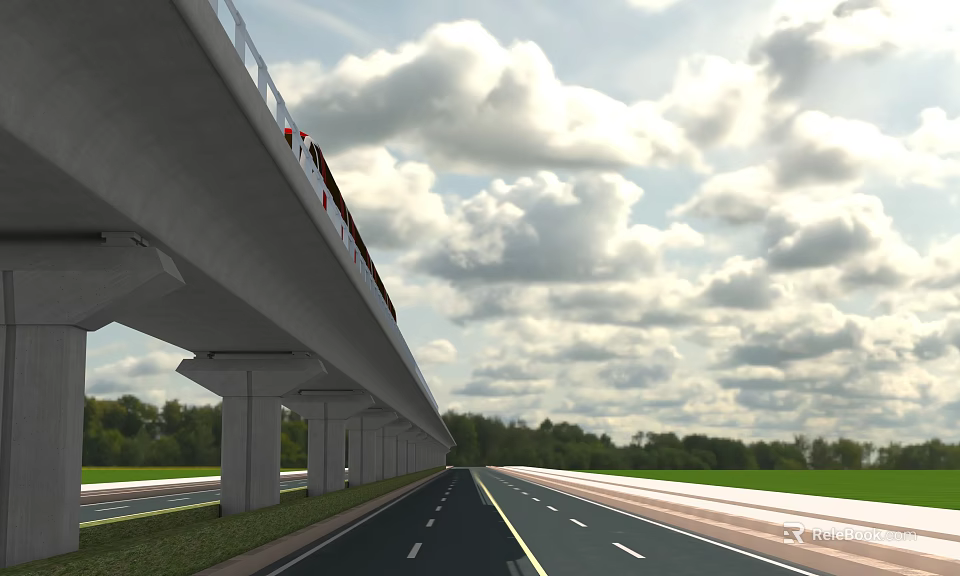 Elevated Railway Bridge With Train Over Road And Green Trees Under Blue Sky White Clouds 3d model 