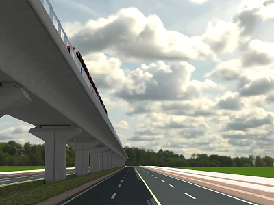 Elevated Railway Bridge With Train Over Road And Green Trees Under Blue Sky White Clouds 3d model