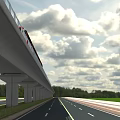 Elevated Railway Bridge With Train Over Road And Green Trees Under Blue Sky White Clouds