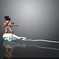 Brown Haired Character in Yellow Red Outfit Holding Red Staff on White Blue Wavy Cloud