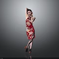 Woman In Red Floral Qipao Posing With Leg Up Hand Behind Head Against Grey Background