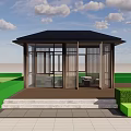 Modern Landscape Pavilion With Greenery Trees Seating Area Stone Pavement And Building
