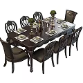 Elegant Dining Table Setup With Eight Chairs Tableware Wine Glasses And Green Plant Decorations