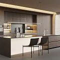 Modern Restaurant Kitchen Interior With Dark Wooden Cabinets Island Counter And Black Chairs