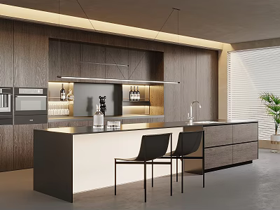 Modern Restaurant Kitchen Interior With Dark Wooden Cabinets Island Counter And Black Chairs 3d model