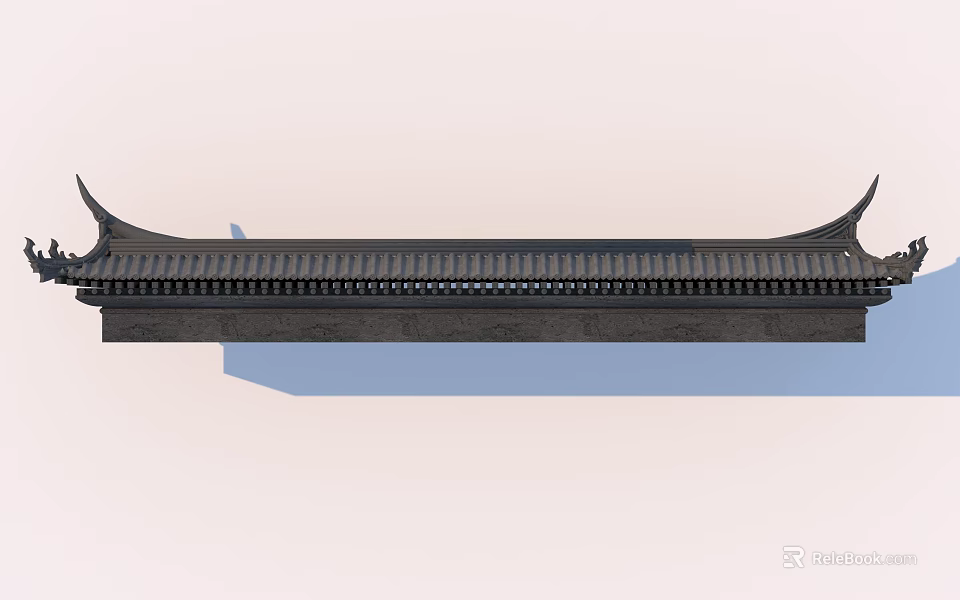Traditional Chinese Building Exterior Wall With Curved Eaves And Black Tile Roof Design 3d model 