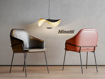 Modern Minotti Black and Red Leather Dining Chairs with Gray Wall Wooden Floor Pendant Light 3d model