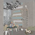 Kids Playroom Interior With Climbing Wall Ladder Toys Small Table Cloud Decor And Hanging Lights
