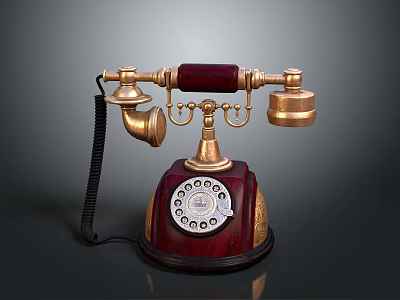 Vintage Telephone Design With Rotary Dial Brass Components Wooden Base And Black Cord 3d model
