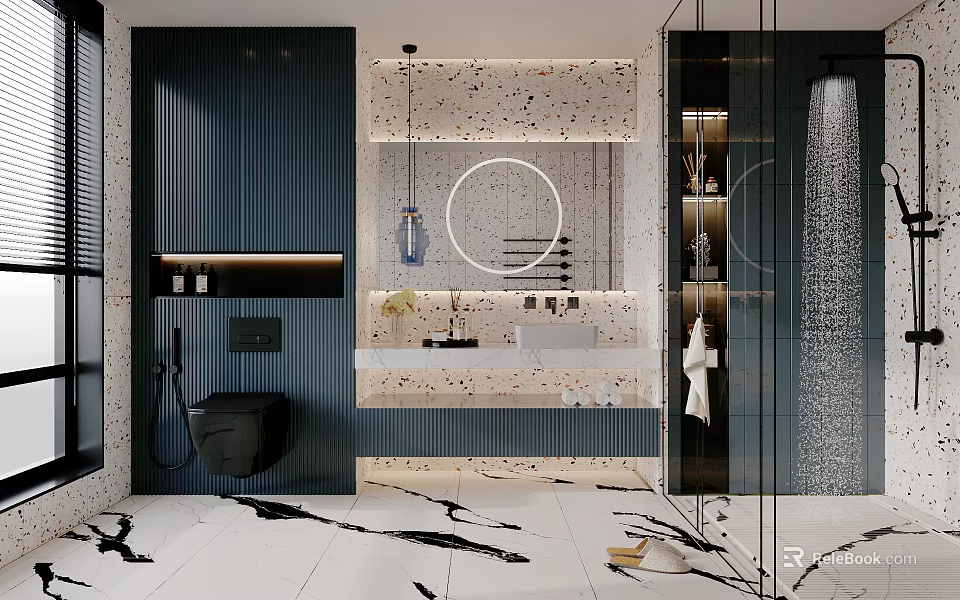 Modern Bathroom Interior Design With Dark Blue Vertical Striped Walls Marble Floor And Round Mirror 3d model 