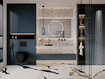 Modern Bathroom Interior Design With Dark Blue Vertical Striped Walls Marble Floor And Round Mirror 3d model