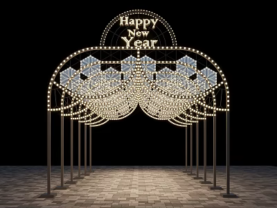 Garden Ornament Lighted Arch With Happy New Year Sign And Geometric Patterns On Brick Floor 3d model