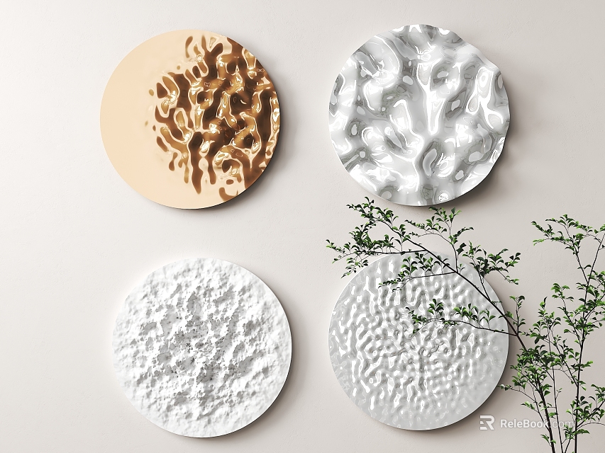 Circular Wall Decorations With Beige Silver White Textures And Green Plant Branch 3d model 