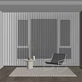 Modern Room White Vertical Blinds With Black Rocking Chair Round Table Vase Plant And Bookshelf