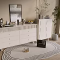 Modern White Chest of Drawers with Decorative Items Plants and Rug in Living Interior