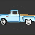 Vintage Blue Pickup Truck With Wooden Bed Rails White Wheels And Chrome Accents