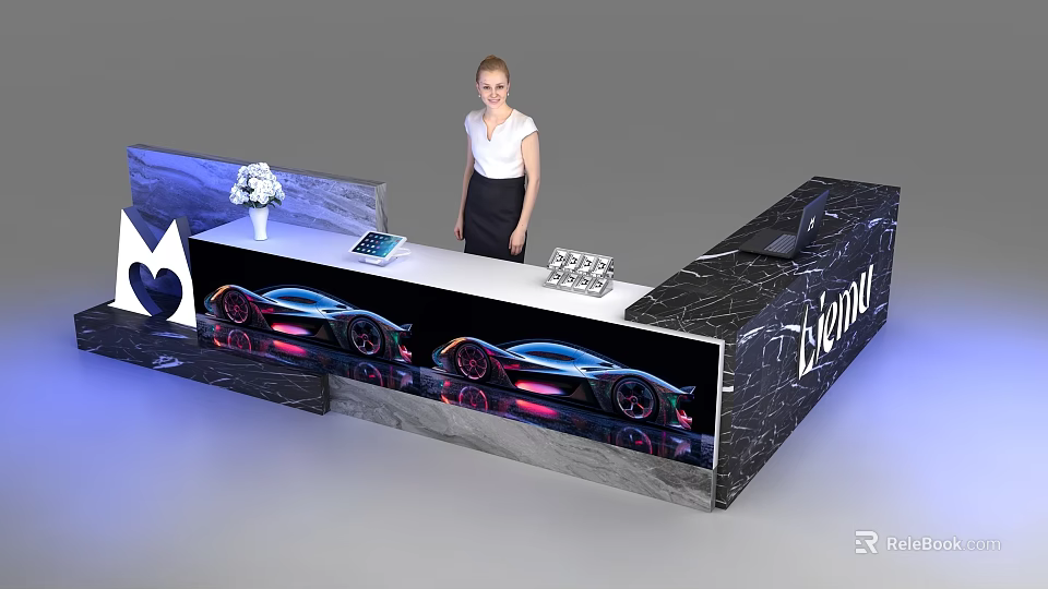 Modern Reception Desk with Female Receptionist Flower Arrangement Tablet Documents Car Graphics and Lycra Logo 3d model 