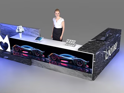Modern Reception Desk with Female Receptionist Flower Arrangement Tablet Documents Car Graphics and Lycra Logo 3d model