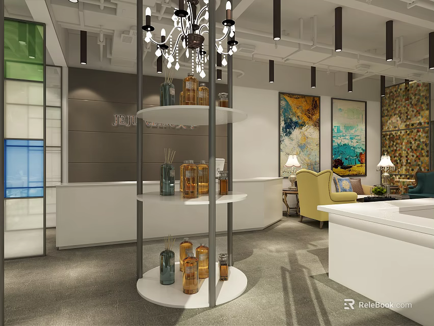 Beauty Hair Salon Interior Design With Reception Desk Sofa And Decorative Shelves 3d model 