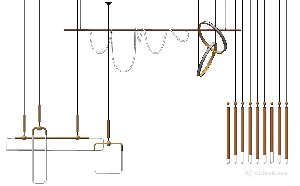 Modern Chandeliers With Geometric Shapes Metal Frames And Wooden Hanging Accents 3d model 