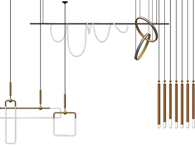 Modern Chandeliers With Geometric Shapes Metal Frames And Wooden Hanging Accents 3d model