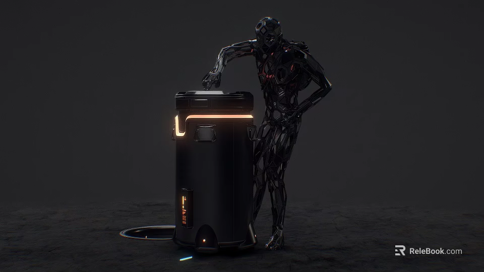 Futuristic Cybernetic Game Movie Character With Metallic Structure Standing By Illuminated Container And Glowing Accents 3d model 