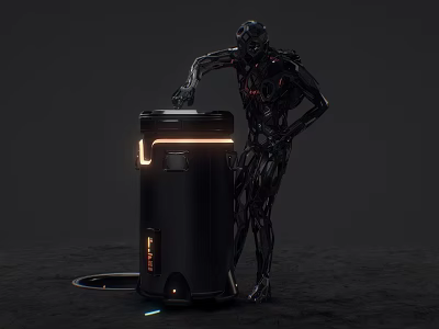 Futuristic Cybernetic Game Movie Character With Metallic Structure Standing By Illuminated Container And Glowing Accents 3d model