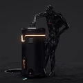 Futuristic Cybernetic Game Movie Character With Metallic Structure Standing By Illuminated Container And Glowing Accents