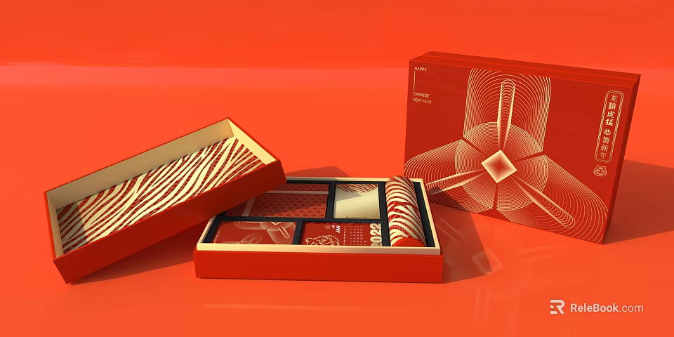 Red Gift Box Set For Daily Living Products With Decorative Patterns And Compartments 3d model 