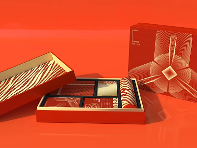 Red Gift Box Set For Daily Living Products With Decorative Patterns And Compartments 3d model