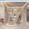 Hotel Guest Room Interior With Arched Architectural Details Neutral Tones Rocking Chair And Natural Light