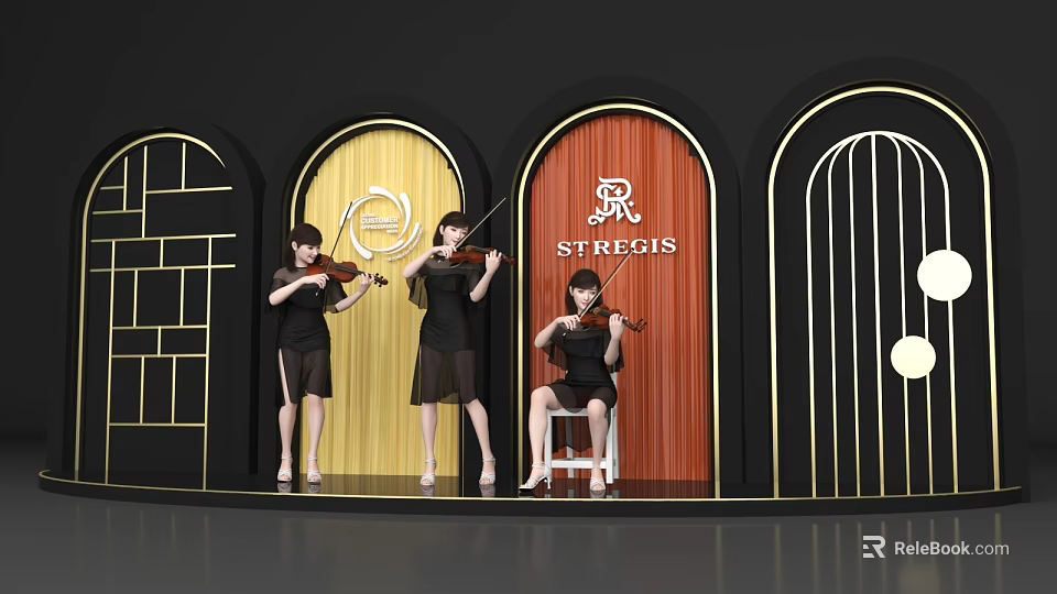 Interactive Area With Female Violinists St Regis Logo And Arched Stage Decorations 3d model 