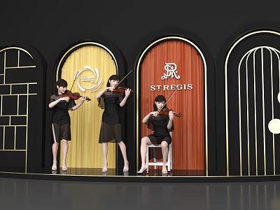 Interactive Area With Female Violinists St Regis Logo And Arched Stage Decorations 3d model
