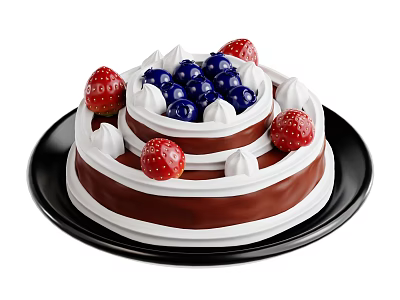 Delicious Chocolate Layered Cake With Fresh Strawberries Blueberries And Whipped Cream On Black Plate 3d model