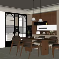 Elegant Modern Restaurant Interior With Wooden Dining Table Chairs And Open Kitchen 3d model