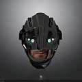 Futuristic Weapon Helmet With Metallic Shell Blue Glowing Eyes And Tactical Design