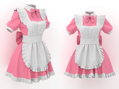 Cute Pink And White Maid Dress With Ruffled Apron Short Sleeves And Bow 3d model
