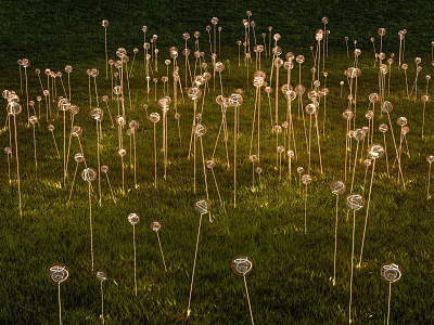 Dandelion Shaped Outdoor Lights With Slender Poles Glowing in Grass Field at Night 3d model